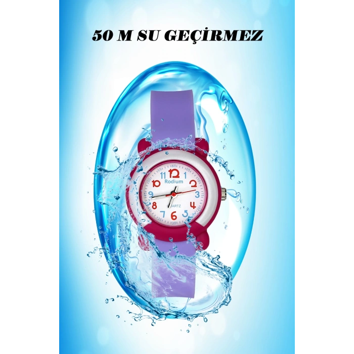 Rodium Çocuk Kol Saati Su Geçirmez Analaog Lila (8846) (Fuşya Kasa Kordon)