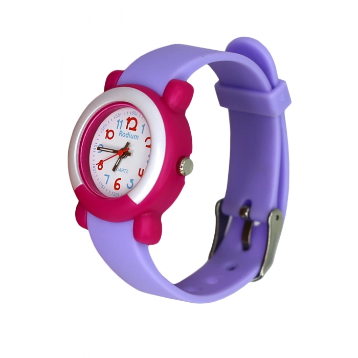 Rodium Çocuk Kol Saati Su Geçirmez Analaog Lila (8846) (Fuşya Kasa Kordon)