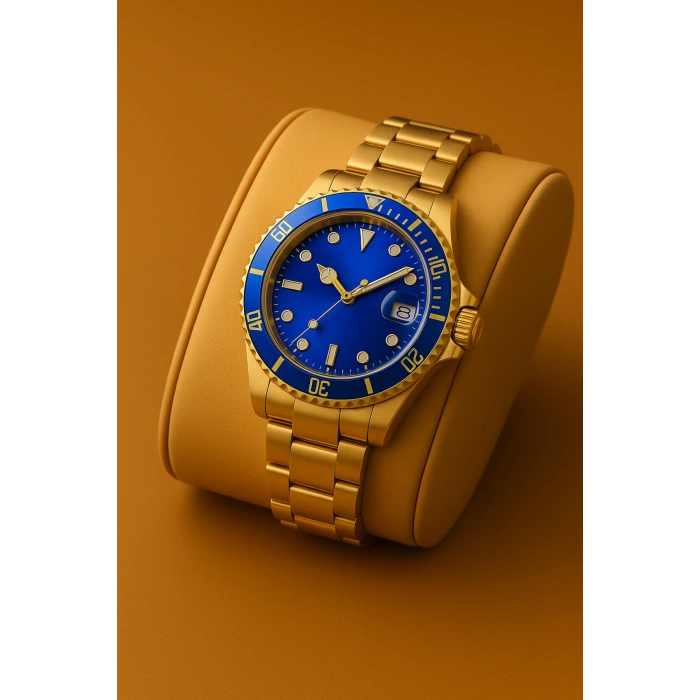 Rodium Erkek Kol Saati Metal Takvimli Paslanmaz Kararmaz Gold - Mavi Kadran