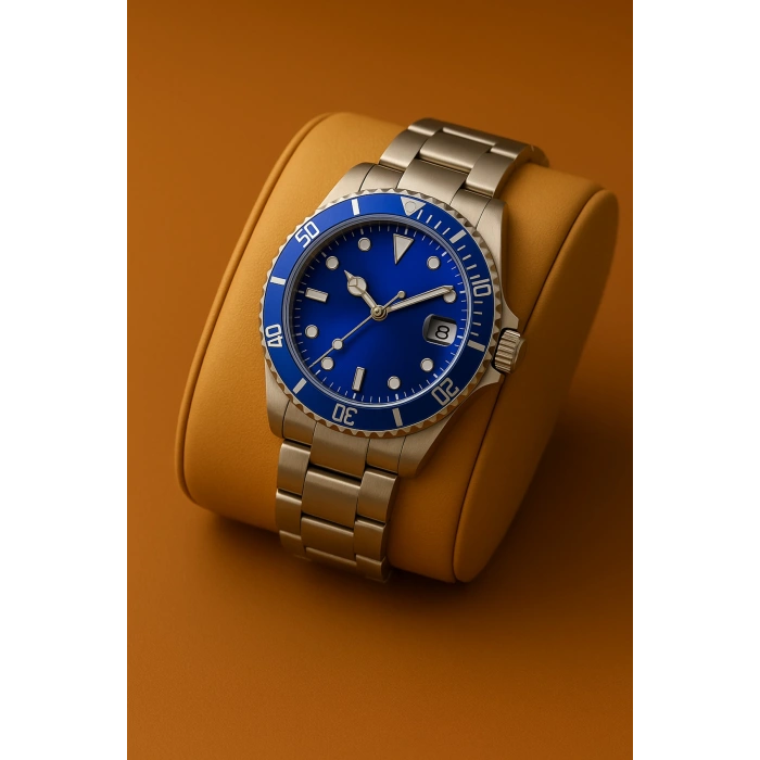 Rodium Erkek Kol Saati Metal Takvimli Paslanmaz Kararmaz Mavi Kasa-Mavi Kadran