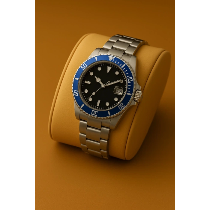 Rodium Erkek Kol Saati Metal Takvimli Paslanmaz Kararmaz Mavi Kasa-Siyah Kadran