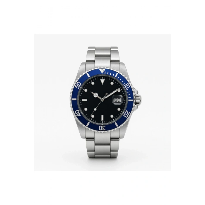 Rodium Erkek Kol Saati Metal Takvimli Paslanmaz Kararmaz Mavi Kasa-Siyah Kadran