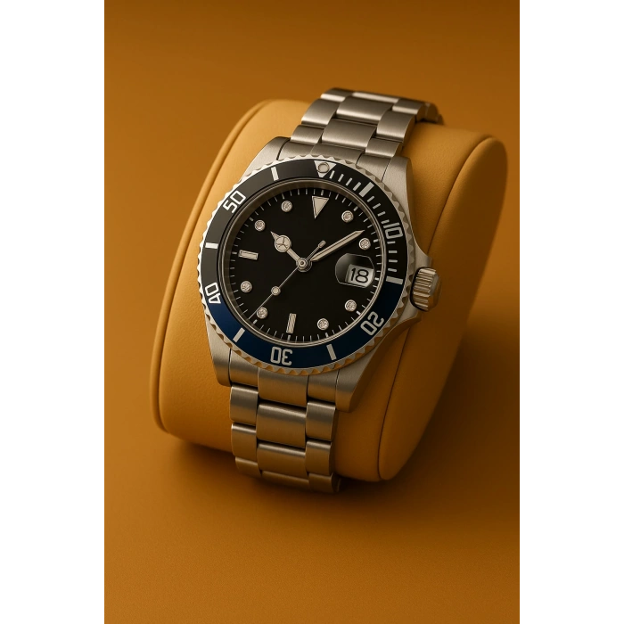 Rodium Erkek Kol Saati Metal Takvimli Paslanmaz Kararmaz Siyah Mavi Kasa-Siyah Kadran