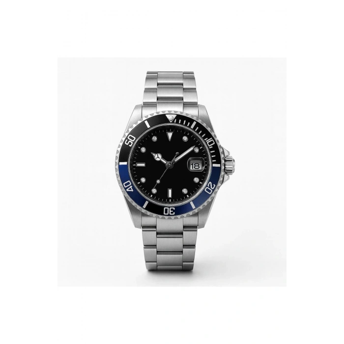 Rodium Erkek Kol Saati Metal Takvimli Paslanmaz Kararmaz Siyah Mavi Kasa-Siyah Kadran