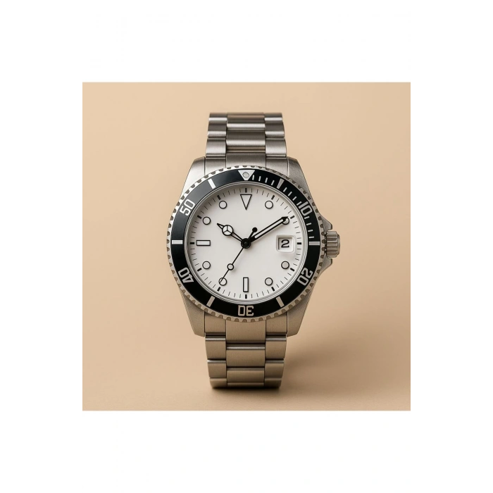 Rodium Erkek Kol Saati Metal Takvimli Paslanmaz Kararmaz Siyah Kasa-Beyaz Kadran