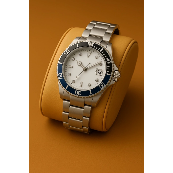 Rodium Erkek Kol Saati Metal Takvimli Paslanmaz Kararmaz Siyah Mavi Kasa-Beyaz Kadran