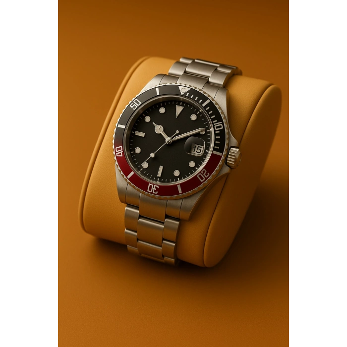 Rodium Erkek Kol Saati Metal Takvimli Paslanmaz Kararmaz Siyah Kırmızı Kasa-Beyaz Kadran