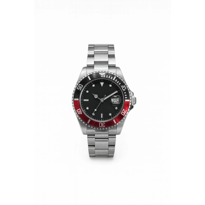 Rodium Erkek Kol Saati Metal Takvimli Paslanmaz Kararmaz Siyah Kırmızı Kasa-Beyaz Kadran