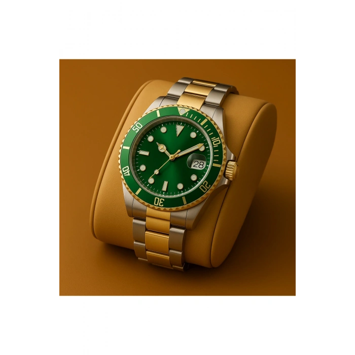 Rodium Erkek Kol Saati Metal Takvimli Paslanmaz Kararmaz Yeşil Kadran