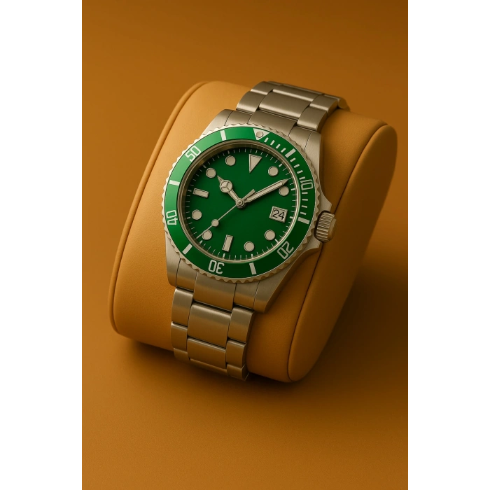 Rodium Erkek Kol Saati Metal Takvimli Paslanmaz Kararmaz Yeşil Çerçeve Yeşil Kadran