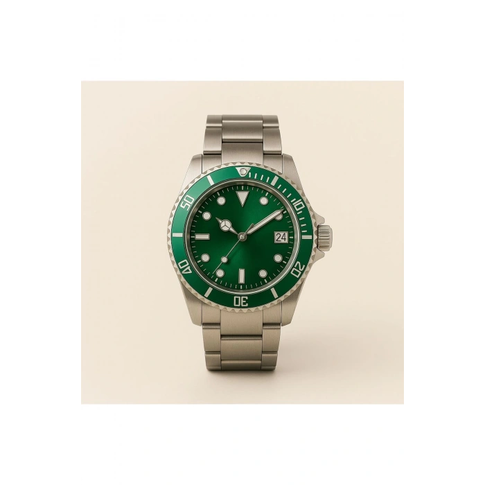 Rodium Erkek Kol Saati Metal Takvimli Paslanmaz Kararmaz Yeşil Çerçeve Yeşil Kadran