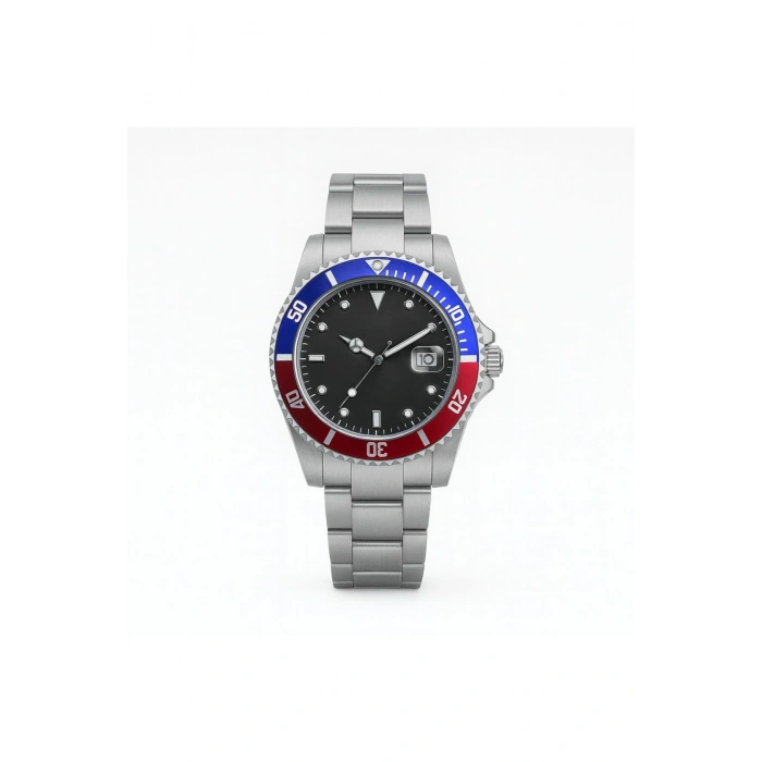 Rodium Erkek Kol Saati Metal Takvimli Paslanmaz Kararmaz Mavi Kırmızı Siyah Kadran