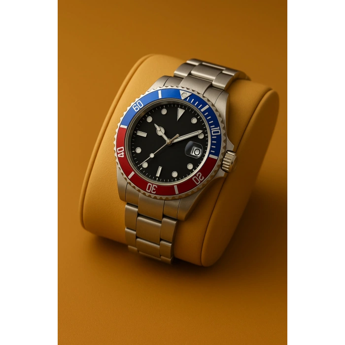 Rodium Erkek Kol Saati Metal Takvimli Paslanmaz Kararmaz Mavi Kırmızı Siyah Kadran