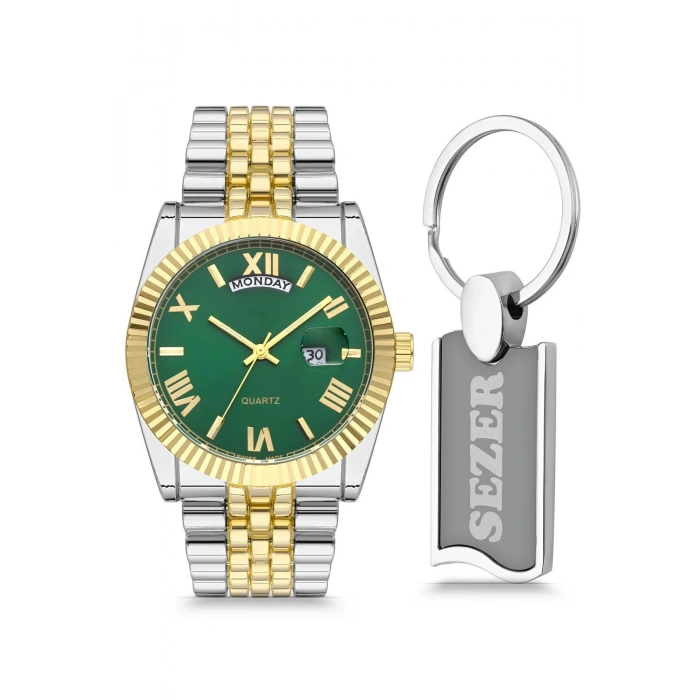 Rodium Erkek Kol Saati Metal Kişiye Özel Anahtarlıklı Çift Renk - Yeşil Kadran