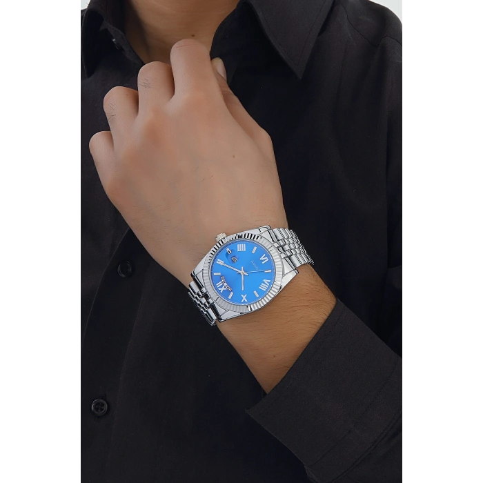 Rodium Erkek Kol Saati Metal Kişiye Özel Anahtarlıklı Gümüş - Lacivert Kadran