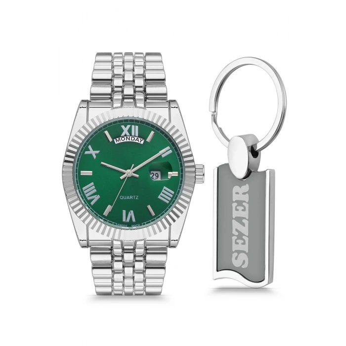 Rodium Erkek Kol Saati Metal Kişiye Özel Anahtarlıklı Gümüş - Yeşil Kadran