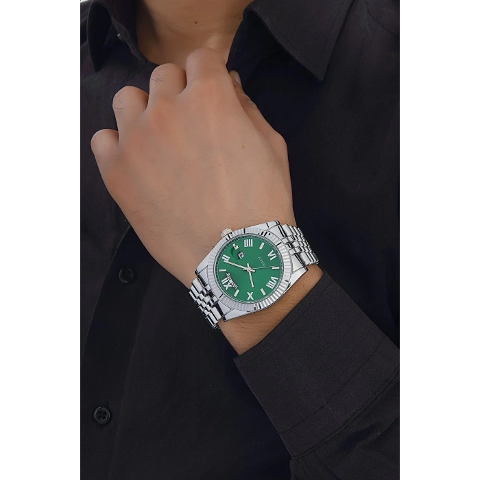 Rodium Erkek Kol Saati Metal Kişiye Özel Anahtarlıklı Gümüş - Yeşil Kadran