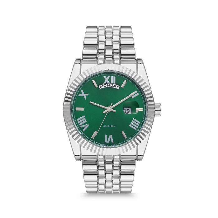 Rodium Erkek Kol Saati Metal Kişiye Özel Anahtarlıklı Gümüş - Yeşil Kadran
