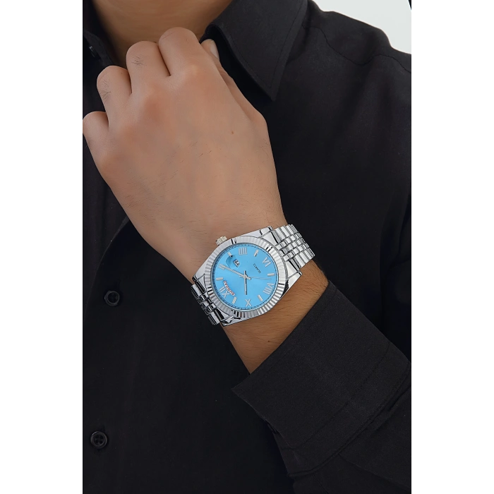 Rodium Erkek Kol Saati Metal Kişiye Özel Anahtarlıklı Gümüş - Mavi Kadran
