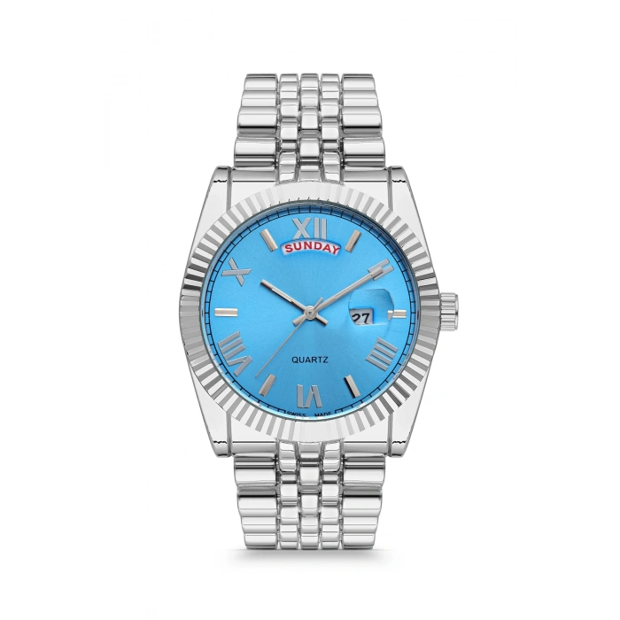 Rodium Erkek Kol Saati Metal Kişiye Özel Anahtarlıklı Gümüş - Mavi Kadran