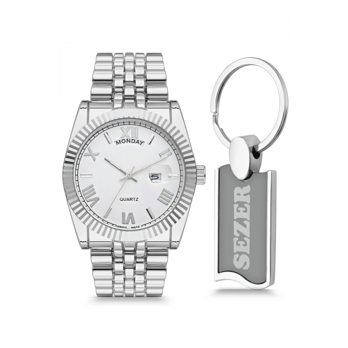 Rodium Erkek Kol Saati Metal Kişiye Özel Anahtarlıklı Gümüş - Beyaz Kadran