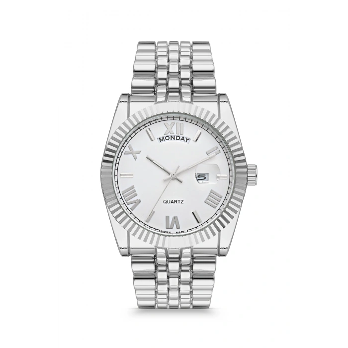 Rodium Erkek Kol Saati Metal Kişiye Özel Anahtarlıklı Gümüş - Beyaz Kadran