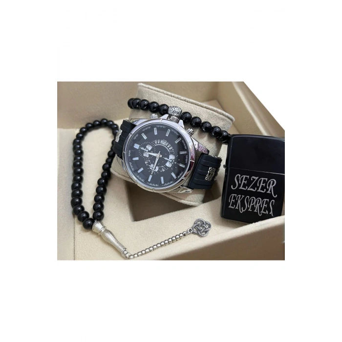 Rodium Erkek Kayışlı Kol Saati 4 Parça Hediye Seti Siyah