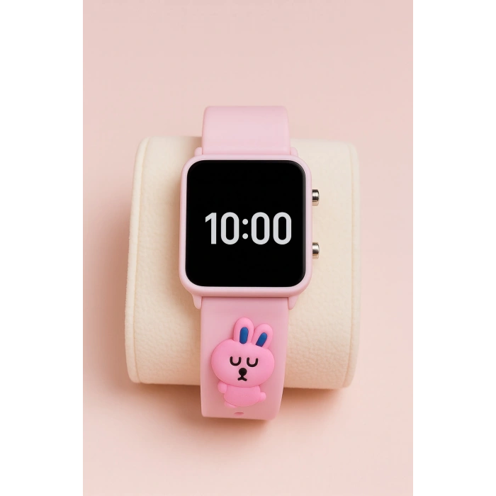 Rodium Çocuk Kol Saati Silikon Kordonlu Tavşan Emojili Led Çocuk Saati Pembe
