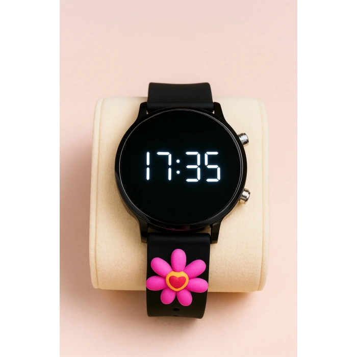 Rodium Çocuk Kol Saati Silikon Kordonlu Çiçek Emojili Led Çocuk Saati Siyah