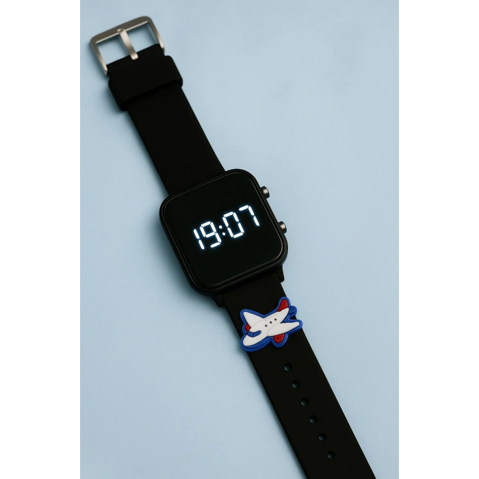 Rodium Çocuk Kol Saati Silikon Kordonlu Uçak Emojili Led Çocuk Saati Siyah