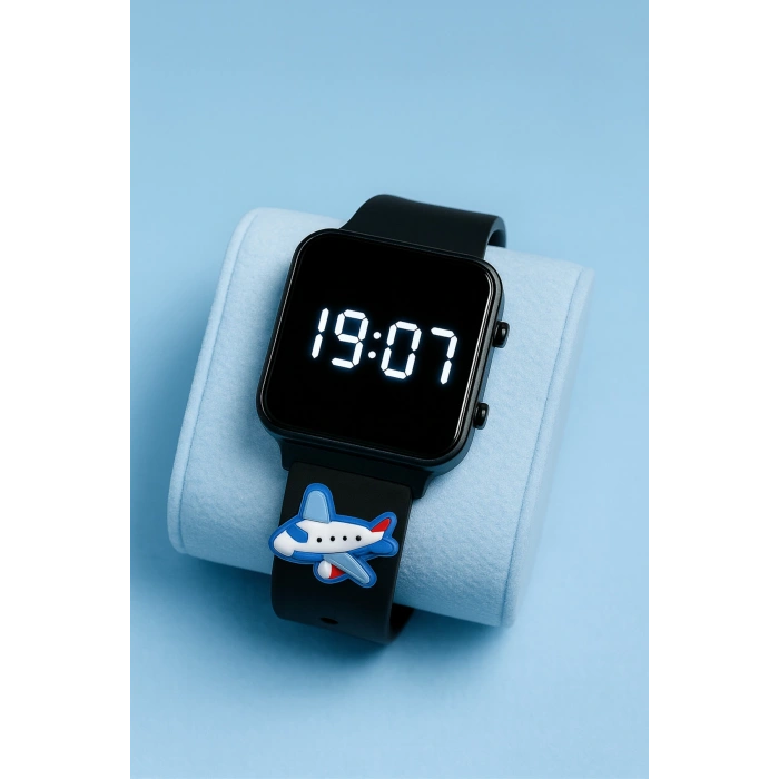 Rodium Çocuk Kol Saati Silikon Kordonlu Uçak Emojili Led Çocuk Saati Siyah