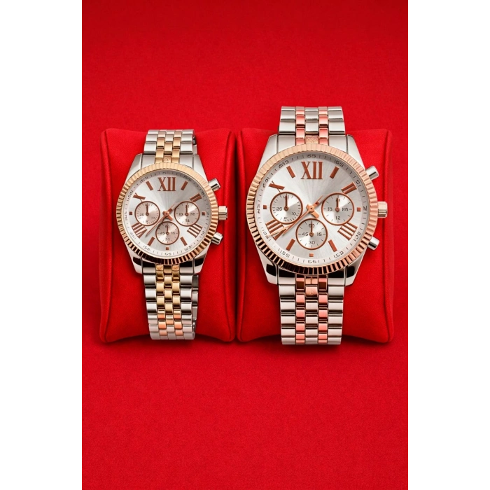 Rodium Sevgiliye Özel Çift Saati Rose Metal Kasa Beyaz Kadran