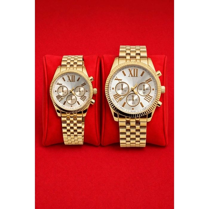 Rodium Sevgiliye Özel Çift Saati Gold Kasa Beyaz Kadran