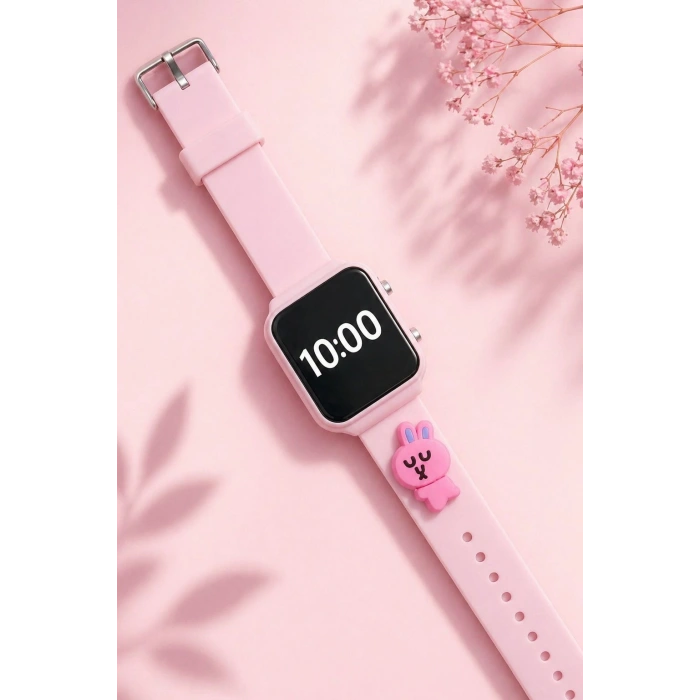 Rodium Çocuk Kol Saati Silikon Kordonlu Tavşan Emojili Led Çocuk Saati Pembe