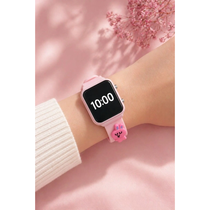 Rodium Çocuk Kol Saati Silikon Kordonlu Tavşan Emojili Led Çocuk Saati Pembe