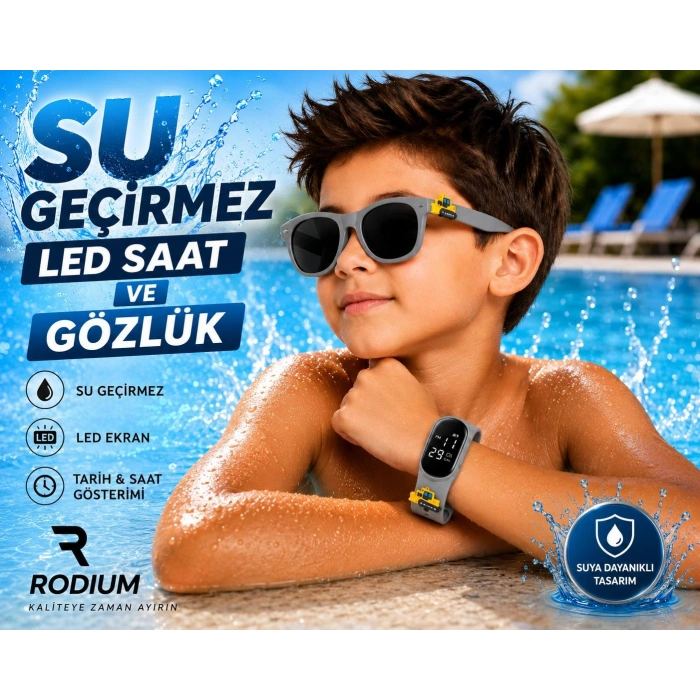 ÇOCUK KOL SAATİ LED SAAT VE GÖZLÜK SETİ GRİ DOZER EMOJİLİ