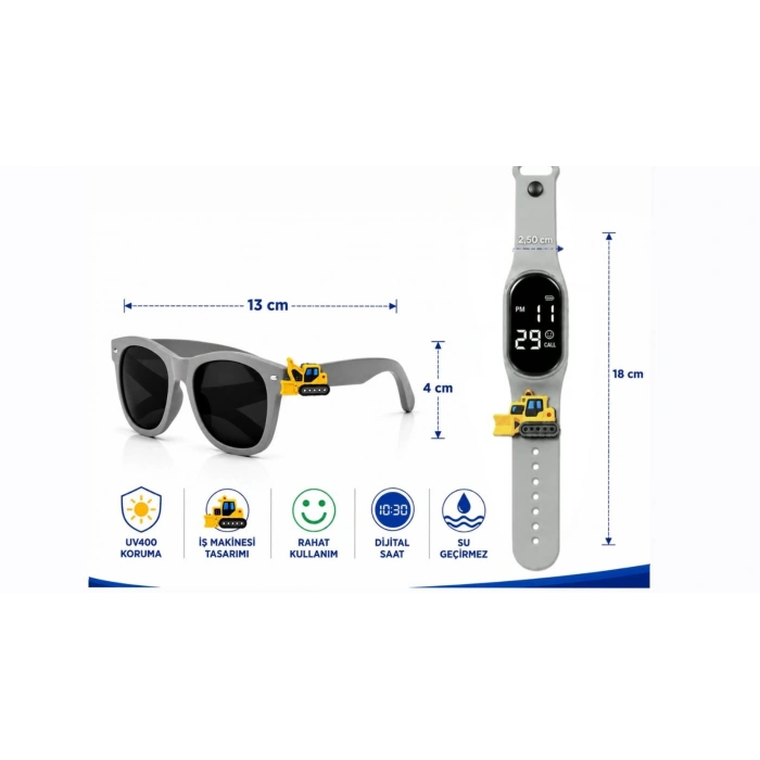 ÇOCUK KOL SAATİ LED SAAT VE GÖZLÜK SETİ GRİ DOZER EMOJİLİ