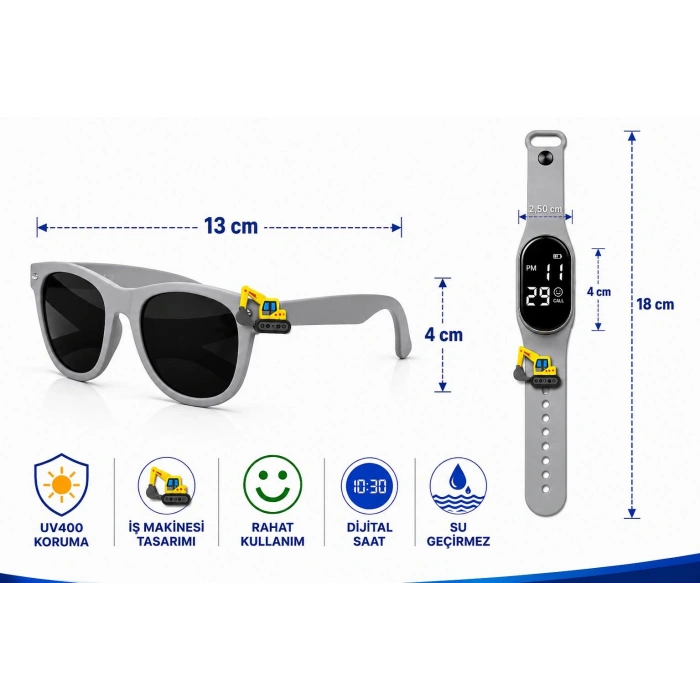 ÇOCUK KOL SAATİ LED SAAT VE GÖZLÜK SETİ GRİ KEPÇE EMOJİLİ