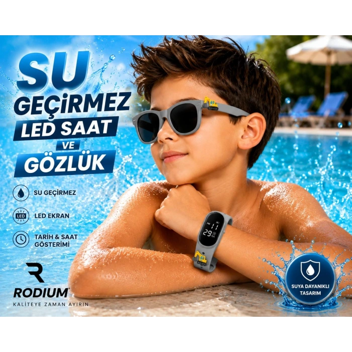 ÇOCUK KOL SAATİ LED SAAT VE GÖZLÜK SETİ GRİ KEPÇE EMOJİLİ