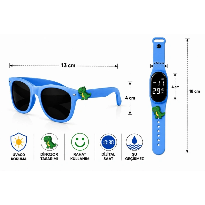 ÇOCUK KOL SAATİ LED SAAT VE GÖZLÜK SETİ MAVİ DİNOZOR EMOJİLİ