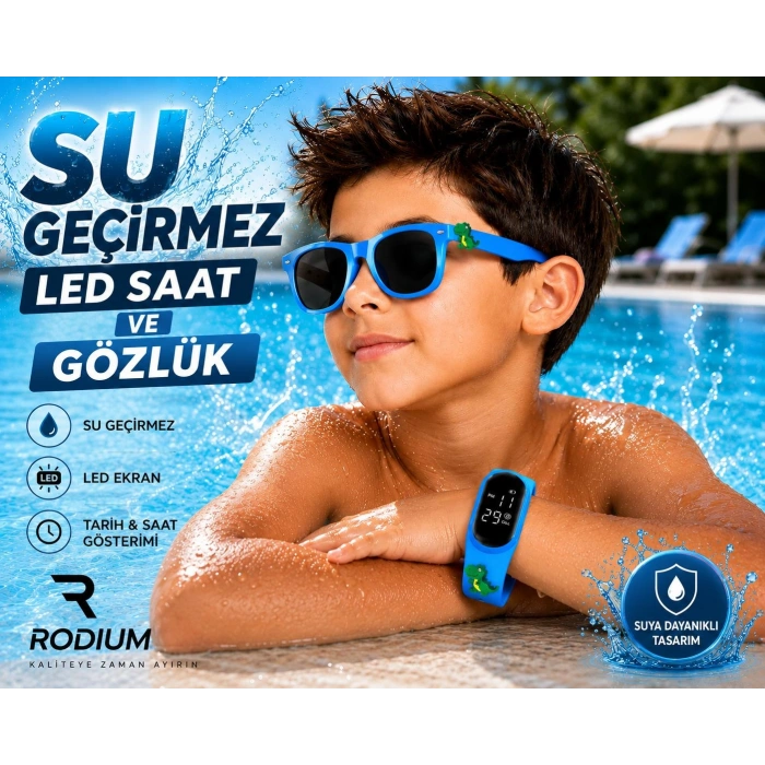 ÇOCUK KOL SAATİ LED SAAT VE GÖZLÜK SETİ MAVİ DİNOZOR EMOJİLİ