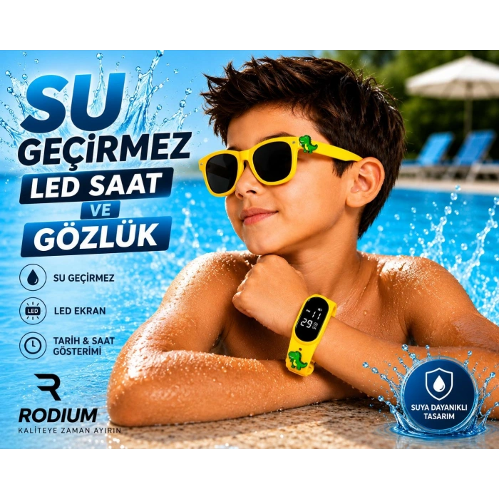ÇOCUK KOL SAATİ LED SAAT VE GÖZLÜK SETİ SARI DİNOZOR EMOJİLİ