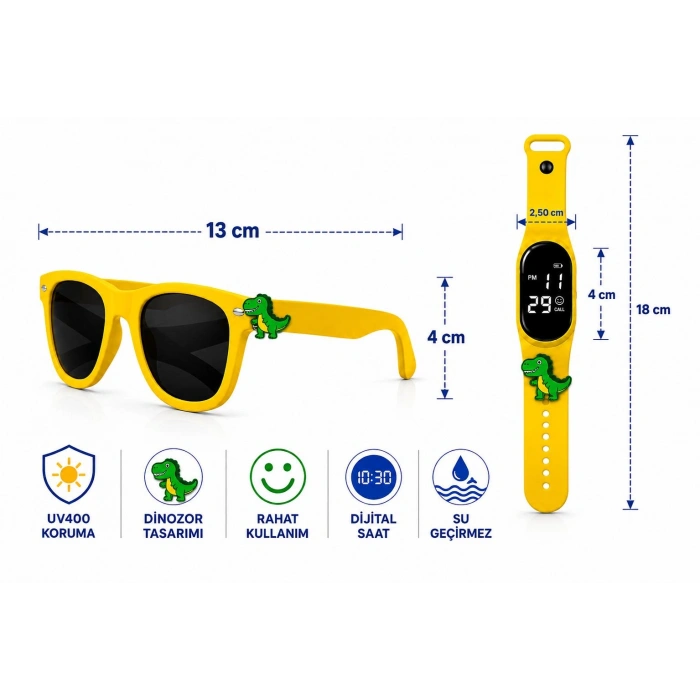 ÇOCUK KOL SAATİ LED SAAT VE GÖZLÜK SETİ SARI DİNOZOR EMOJİLİ