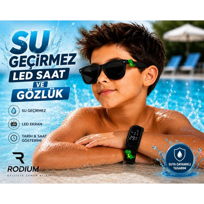 ÇOCUK KOL SAATİ LED SAAT VE GÖZLÜK SETİ SİYAH DİNOZOR EMOJİLİ