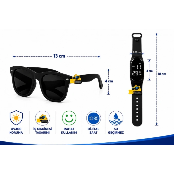 ÇOCUK KOL SAATİ LED SAAT VE GÖZLÜK SETİ SİYAH DOZER EMOJİLİ
