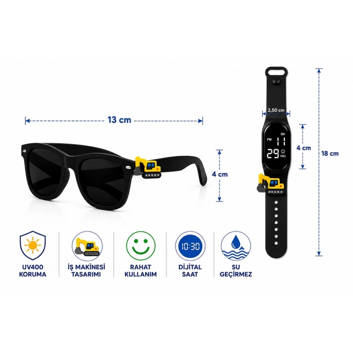 ÇOCUK KOL SAATİ LED SAAT VE GÖZLÜK SETİ SİYAH KEPÇE EMOJİLİ