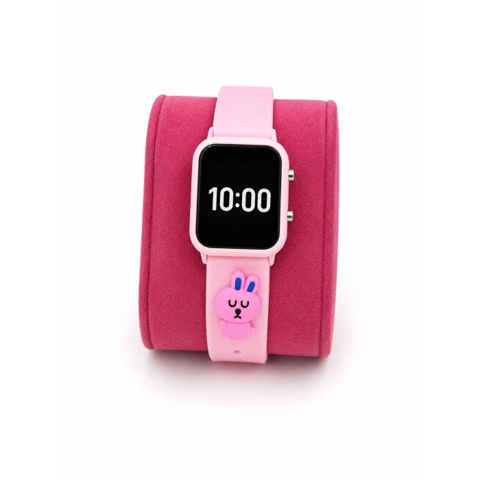 Rodium Çocuk Kol Saati Silikon Kordonlu Tavşan Emojili Led Çocuk Saati Pembe