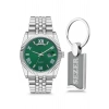 Rodium Erkek Kol Saati Metal Kişiye Özel Anahtarlıklı Gümüş - Yeşil Kadran
