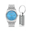 Rodium Erkek Kol Saati Metal Kişiye Özel Anahtarlıklı Gümüş - Mavi Kadran