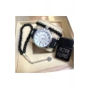 Rodium Erkek Kayışlı Kol Saati 4 Parça Hediye Seti Beyaz